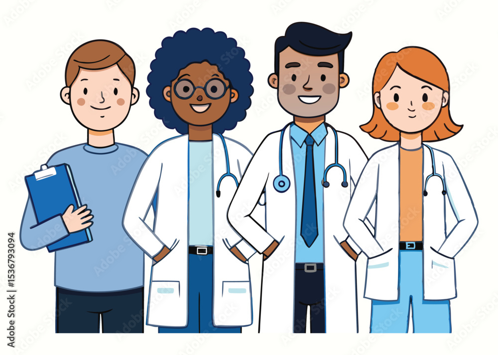 United Health Heroes Vibrant Cartoon Depiction of a Diverse Doctor Group United Health Heroes Vibrant Cartoon Depiction of a Diverse Doctor Group