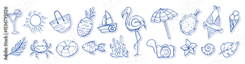 Mediterranean Vacation, Tropical elements in Blue color. Hand drawn Italian holiday set. Summer Beach Stickers, Sea life doodle. Coastal Mediterranean vector isolated collection