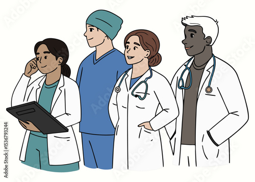 Healing Hands Collective Bright Cartoon Illustration of Four Healthcare Workers.