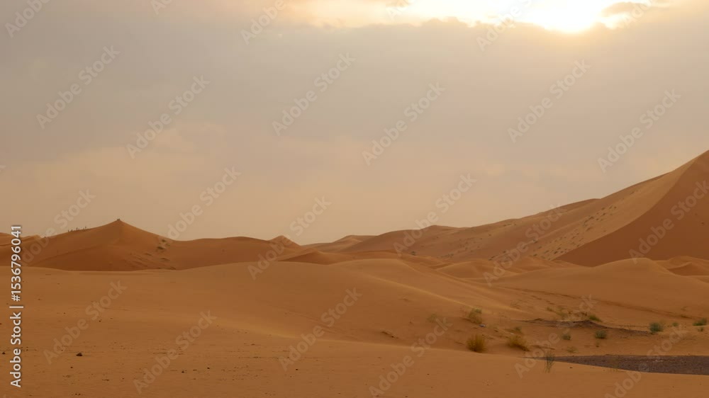 Panoramic landscape views of Erg Chebbi sand dunes located in Morocco on the western edge of the Sahara Desert Panoramic landscape views of Erg Chebbi sand dunes located in Morocco on the western edge of the Sahara Desert