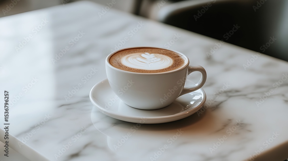 Obraz premium Aromatic cappuccino adorned with latte art, presented on an elegant marble table
