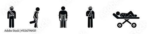 Set of flat black stickman icons with injuries: bandages, crutches, stretcher. Simple medical pictograms, isolated on white. Suitable for healthcare, hospital, trauma illustrations.