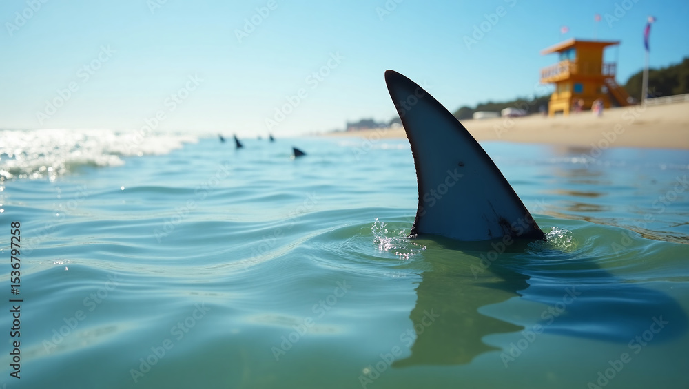 Fototapeta premium Shark fin near shore with gentle waves, distant lifeguard tower in the background