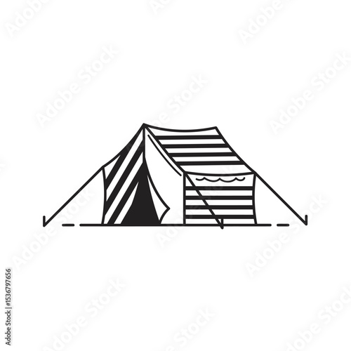 Camping tent hand drawn in doodle style. Tourist folding house for overnight stay in the forest mountains. Tent camp. Protection from rain and cold. Vector line art illustration.