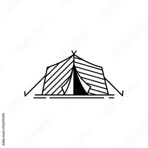 Camping tent hand drawn in doodle style. Tourist folding house for overnight stay in the forest mountains. Tent camp. Protection from rain and cold. Vector line art illustration.
