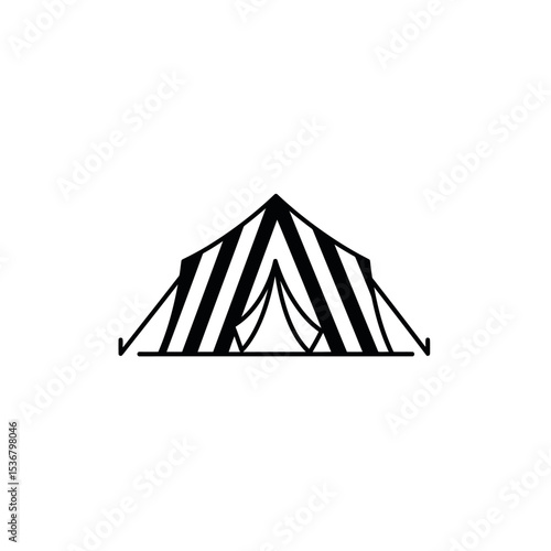 Camping tent hand drawn in doodle style. Tourist folding house for overnight stay in the forest mountains. Tent camp. Protection from rain and cold. Vector line art illustration.