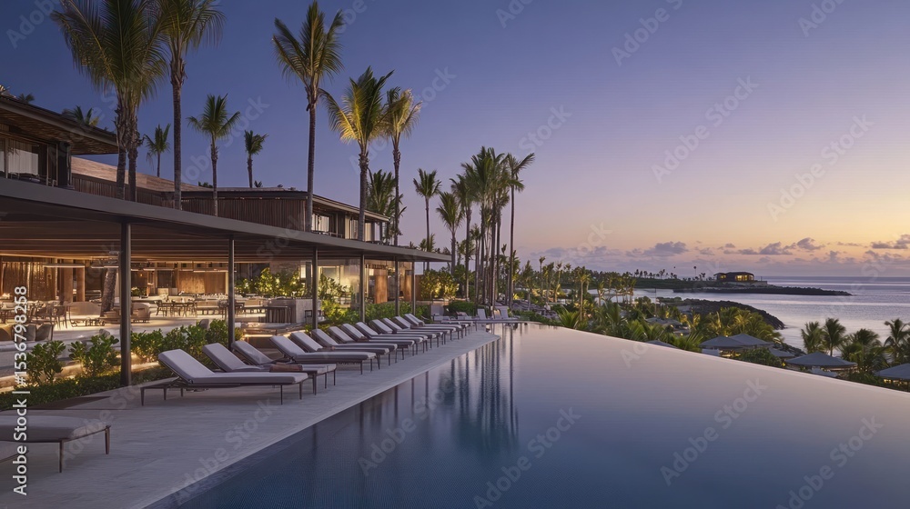 Obraz premium Infinity pool overlooking the ocean at sunset.