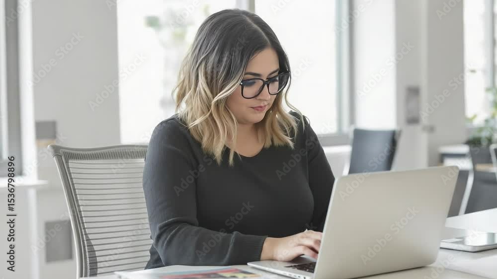 Woman Typing on Laptop in Bright Office Environment Woman Typing on Laptop in Bright Office Environment