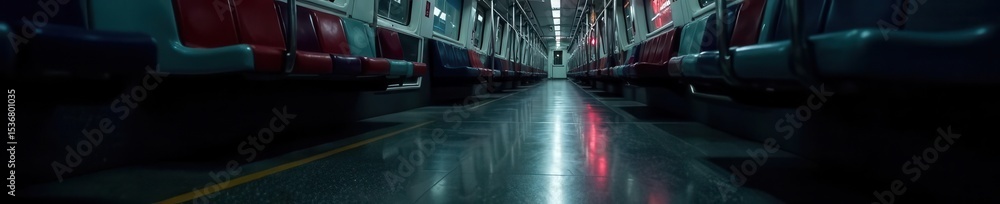 Fototapeta premium Dark, shadowed subway car, polished floor reflecting light , floor, underground, metal