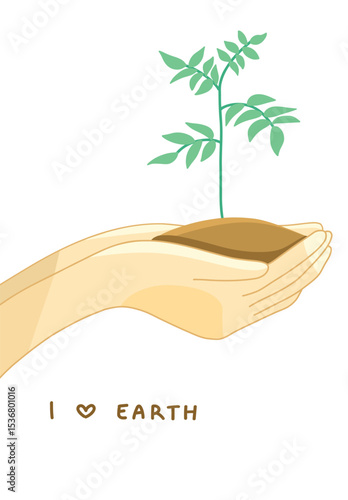 Hand holding a handful of soil with plants growing and text I love earth Design Illustration Editable Vector