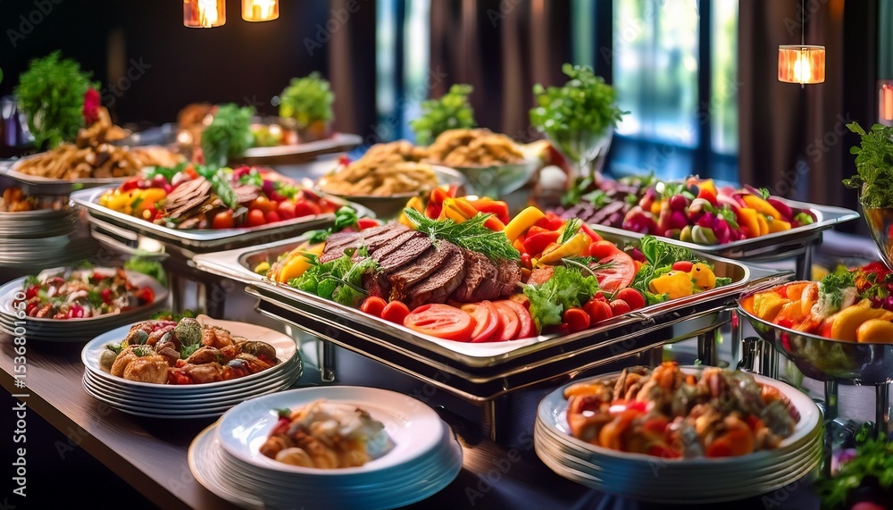 catering buffet food delicious colorful meat and vegetable dishes celebration party catering buffet food delicious colorful meat and vegetable dishes celebration party