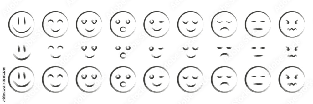 Set of hand-drawn black brushstroke emoji faces showing various emotions. Grunge emoticon collection. Communication and mood concept Set of hand-drawn black brushstroke emoji faces showing various emotions. Grunge emoticon collection. Communication and mood concept