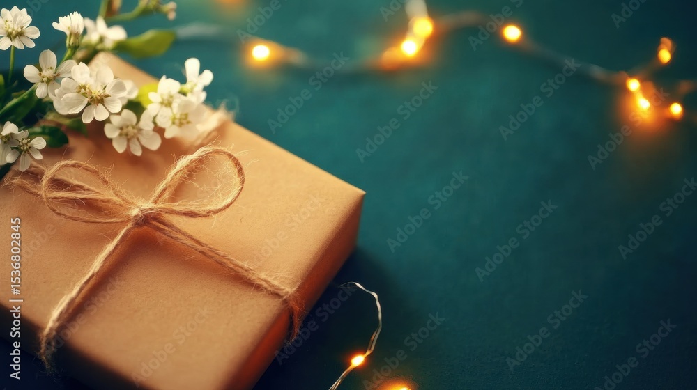 Gift box with flowers and fairy lights on a dark surface Gift box with flowers and fairy lights on a dark surface