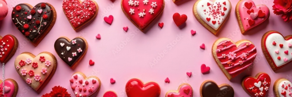 Obraz premium Valentine's Day dessert spread Abundant candy & cookies, negative space , february, dessert, sweet