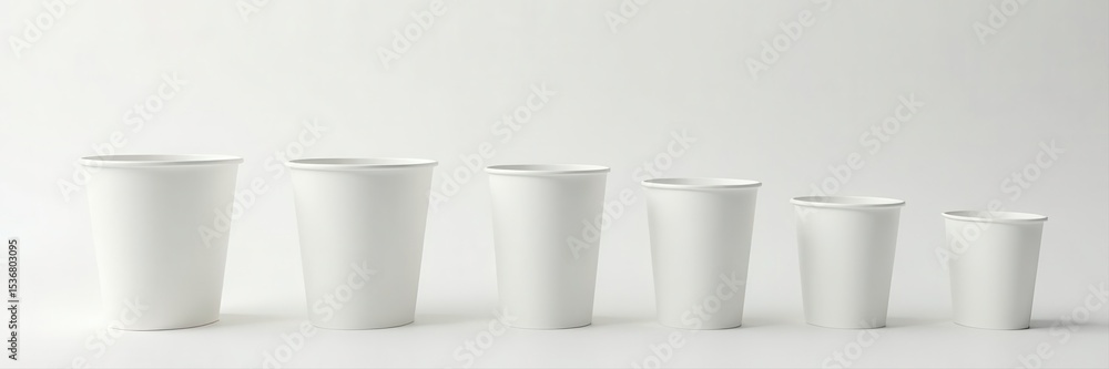 Various empty cups, different sizes, on pristine white surface , modern, various Various empty cups, different sizes, on pristine white surface , modern, various