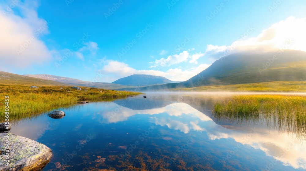 Fototapeta premium Serene mountain lake reflecting blue sky and rolling hills at dawn