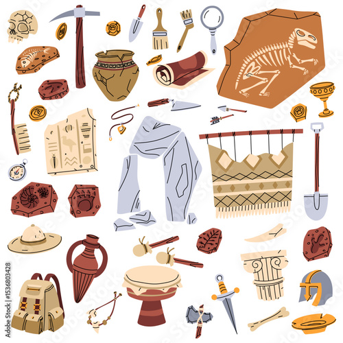 set of archaeological objects, flat color style. collection of historical finds in color. It is suitable for educational projects, infographics, books, presentations and design on historical topics.