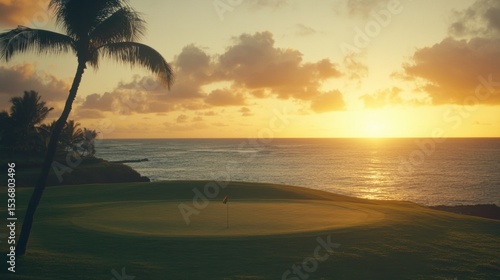 Sunset view over the ocean from a golf course in a tropical paradise