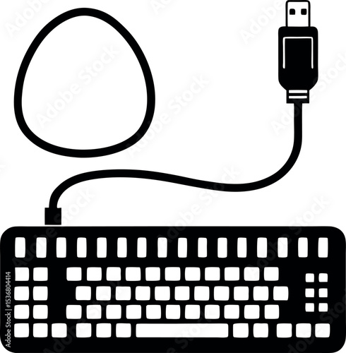 Monochrome vector illustration of a computer keyboard with a curled cable vector 