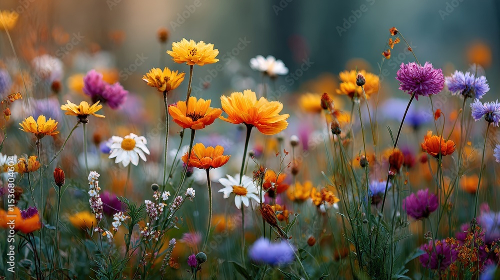 Obraz premium Field of colorful wildflowers in full bloom under a warm, sunny sky, shallow depth of field