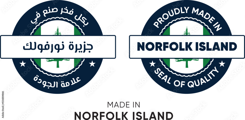 Obraz premium Made in Norfolk Island. Premium labels English and Arabic, stickers, pointer, badge and symbol of Norfolk Island flag icon. Collection vector illustration
