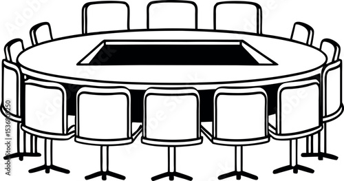 Conference room setting with an oval table chairs vector silhouette