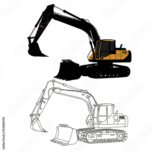 Construction excavator vector clip art,  yellow wheeled excavator flat design illustration, heavy equipment clipart isolated on white background