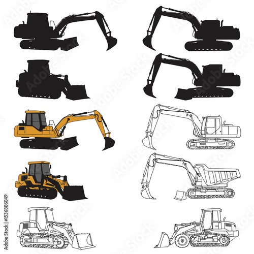 Construction excavator vector clip art,  yellow wheeled excavator flat design illustration, heavy equipment clipart isolated on white background