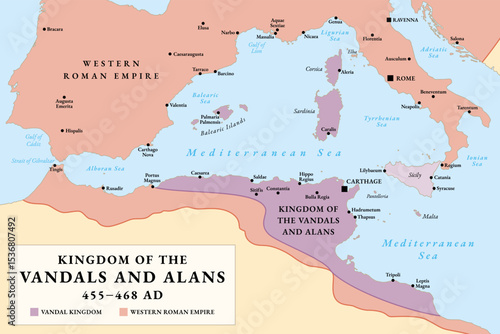 Kingdom of the Vandals and Alans, history map. Greatest extent of Vandal Kingdom from 455 to 468 AD, during reign of Gaiseric, who controlled parts of North Africa and important Mediterranean islands.