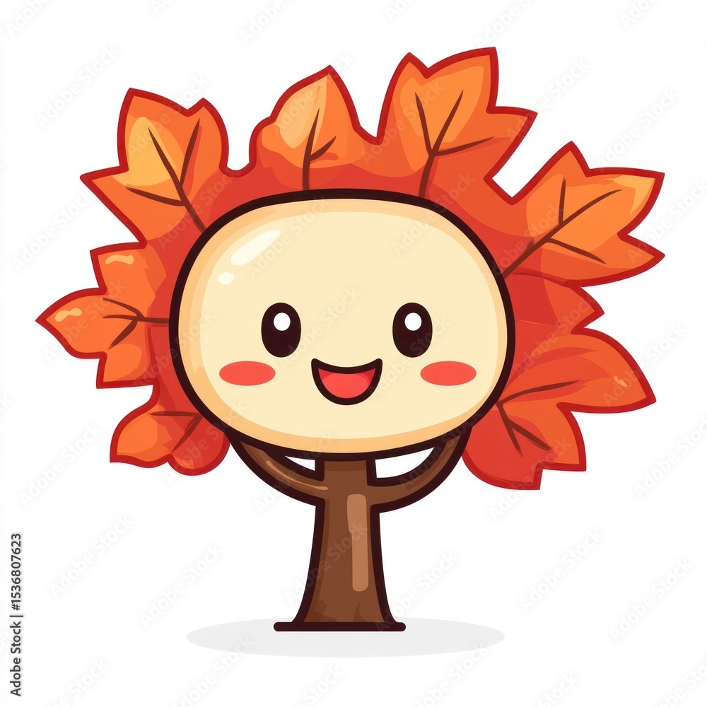 Fototapeta premium Cute cartoon tree with autumn leaves. A cheerful, stylized depiction of a small tree