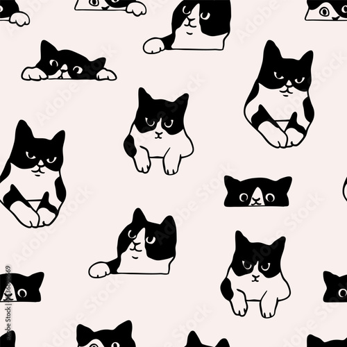 Black and white cat peeking, looking out. Funny characters set. Cute emotional domestic animal. Hiding, hunting, playing, sitting, lying concept. Hand drawn Vector illustration. Seamless Pattern