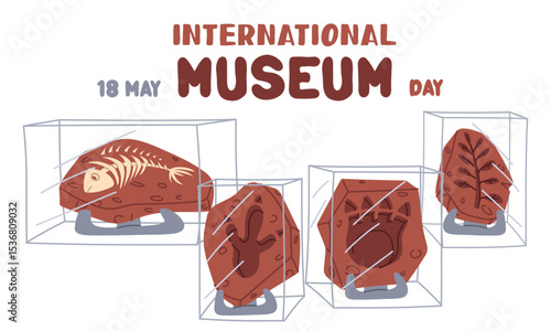 International Museum Day, May 18. Fossils of prehistoric animals and plants under glass on stand. Flat color illustration for use in posters, articles, and social media related to science and history