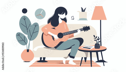 Cute girl playing an acoustic guitar, a peaceful music scene.