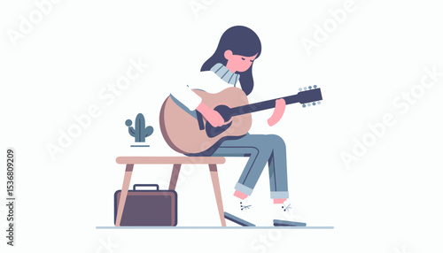 Cute girl playing an acoustic guitar, a peaceful music scene.