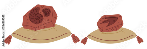 set of fossils, an allosaurus footprint, shells on a pillow. An archaeological find. Vulcanization. Flat color illustration. scientific projects, encyclopedias, museum exhibitions, dinosaurs.