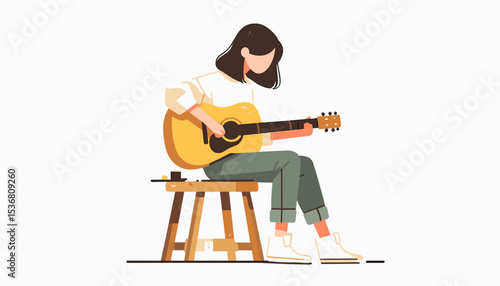 Cute girl playing an acoustic guitar, a peaceful music scene.