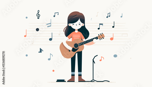 Cute girl playing an acoustic guitar, a peaceful music scene.