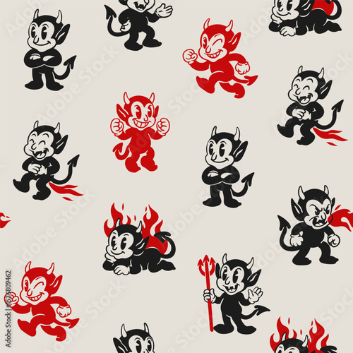 Cute little happy Devils. Funny black, red characters with fire, flame, trident. Different poses. Hand drawn Vector illustration. Halloween, retro, vintage, cartoon mascot concept. Seamless Pattern