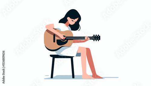 Cute girl playing an acoustic guitar, a peaceful music scene.