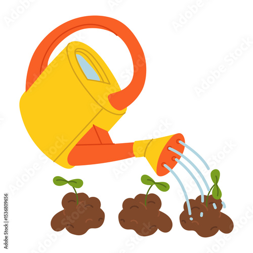 watering can waters plants planted in a row. Gardening equipment. Flat color illustration. Planting, seasonal work. Suitable for garden themes, planting, gardening, manual labor, seasonal work.