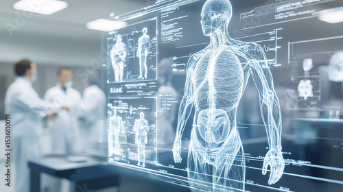 Digital twin of patient body is displayed in medical environment, showcasing advanced technology and healthcare innovation. scene captures essence of modern medicine and patient care