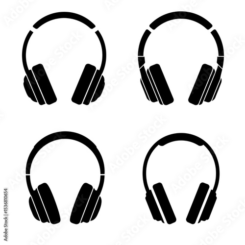 Headphones for listen music, stereo sound, audio. Dj headset, modern black and white wireless earphones in top, side and angle view, vector realistic set isolated 