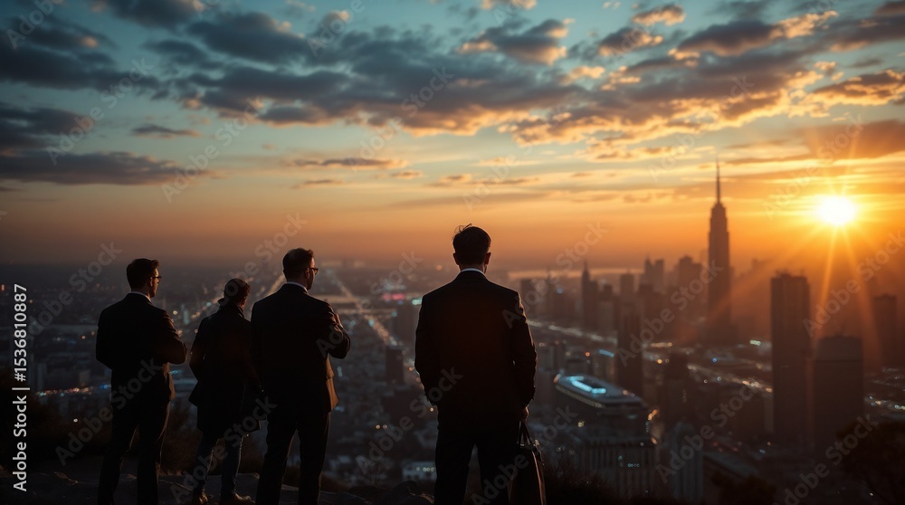 Fototapeta premium People and network, silhouette of people looking at a city to learn more about business