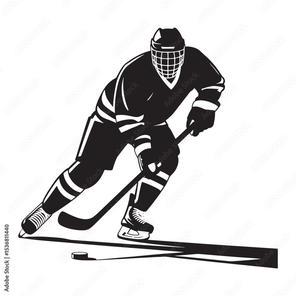 Obraz premium Ice hockey player silhouette illustration isolated on white background, sportsman in action with stick.