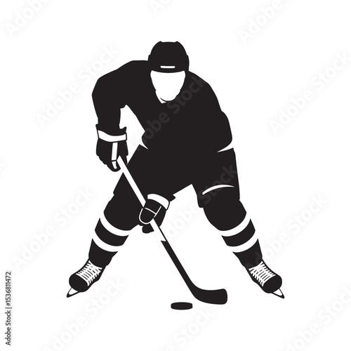 Ice hockey player silhouette illustration isolated on white background, sportsman in action with stick.