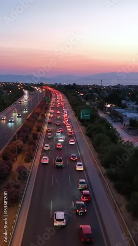 Vehicles on the highway in Izmir - 4k aerial view of vehicles driving on the highway in the evening, taken from the air with a drone