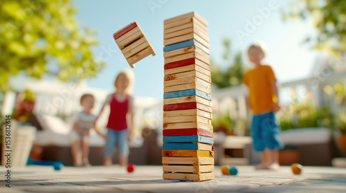 Joyful scene of family playing giant block stacking game outdoors, with children laughing and enjoying sunny day. colorful blocks create fun atmosphere