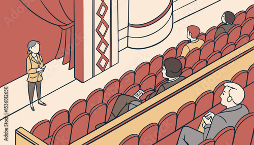 Theater mini audience with a view from above with almost all the seats occupied, arranged in rows.                 