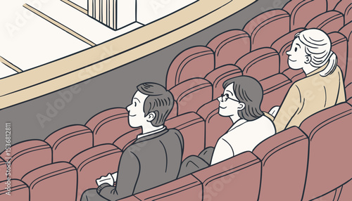 Theater mini audience with a view from above with almost all the seats occupied, arranged in rows.                 