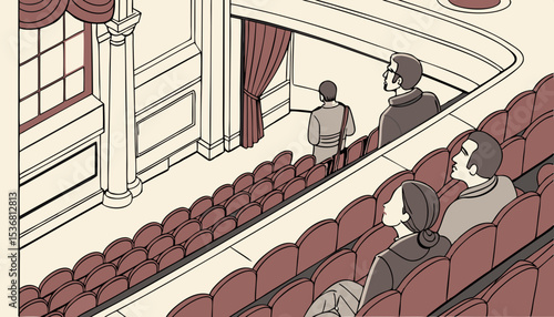 Theater mini audience with a view from above with almost all the seats occupied, arranged in rows.                 